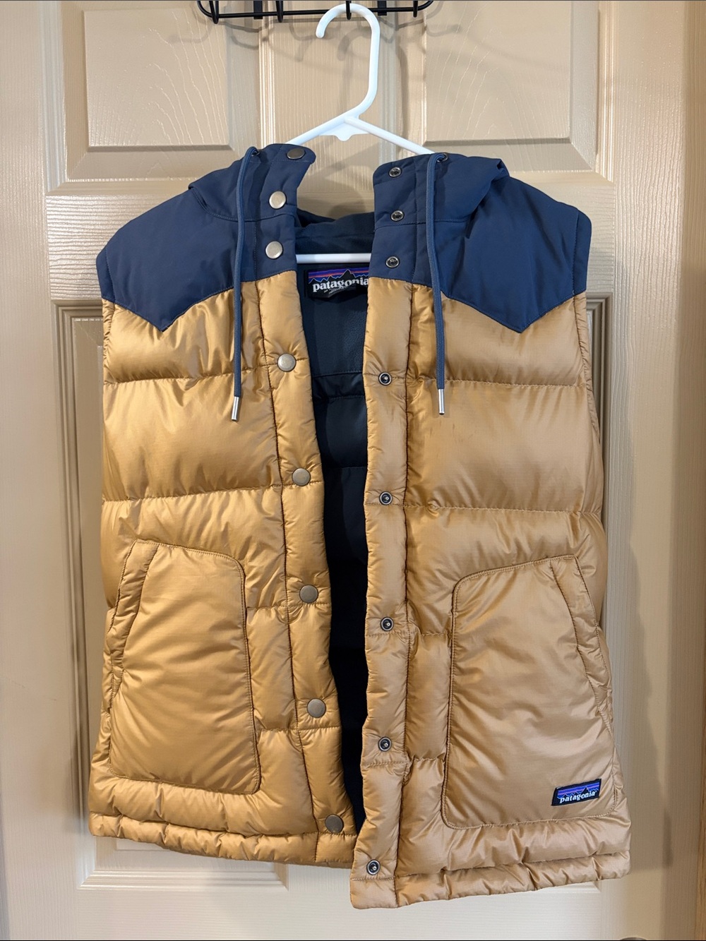 Patagonia Tan and Navy Hooded Puffer Vest